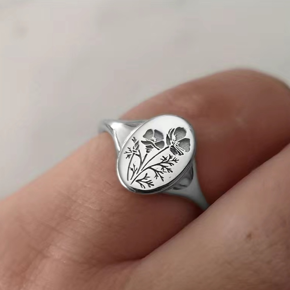 New Minimalist Bohemian Orchid Sterling Silver Signet Floral Engraved Ring - Picture 7 of 15